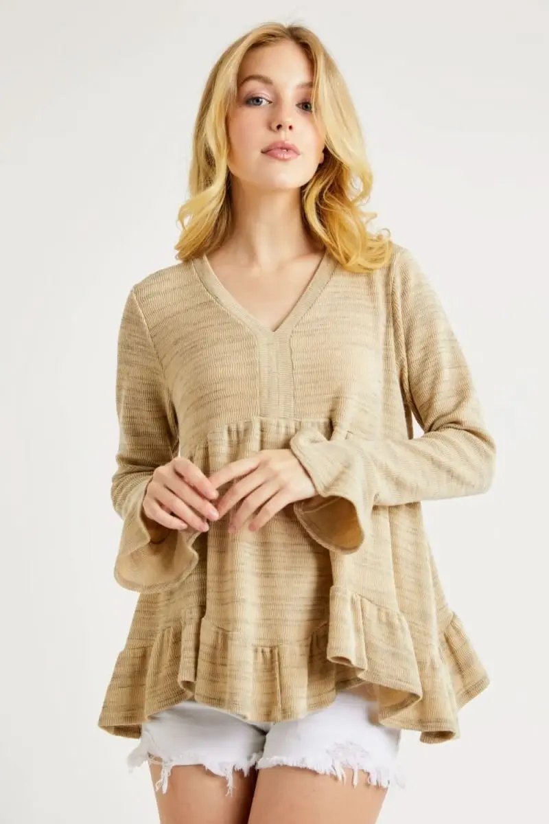 Hailey & Co V-Neck Flounce Sleeve Knit Top - Love Salve